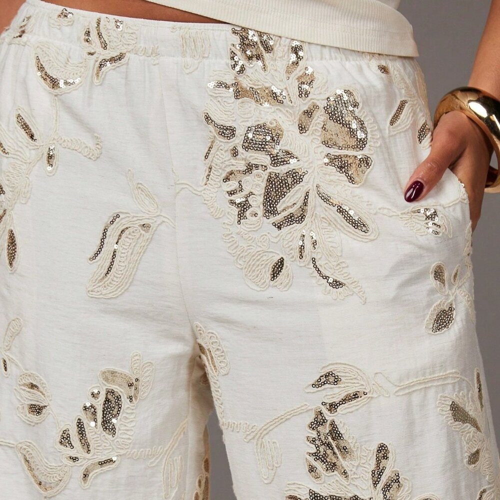 Apricot Casual Women's Beaded Embroidered Floral Linen Shorts - Picture 6 of 6